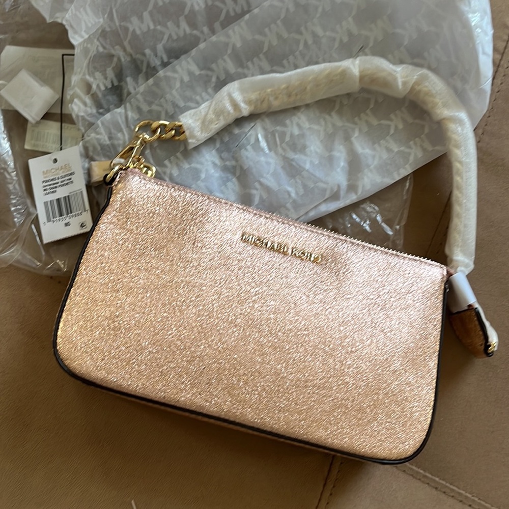 Michael Kors Rose Gold Metallic Leather Chain Pouchette Shoulder Bag Wristlet